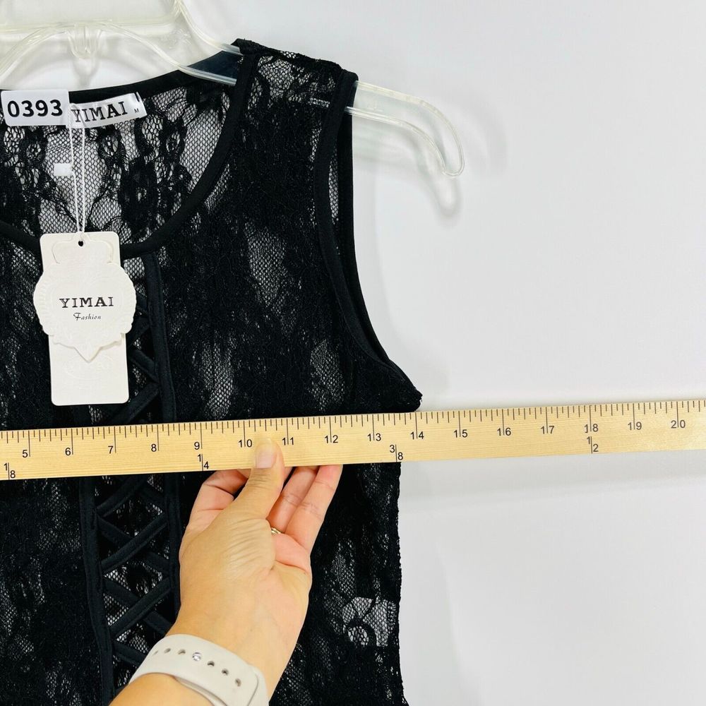 Yimai Sheer Mesh Lace Bodysuit Size M Black Sleeveless Lightweight Sexy Top NWT - Picture 6 of 12